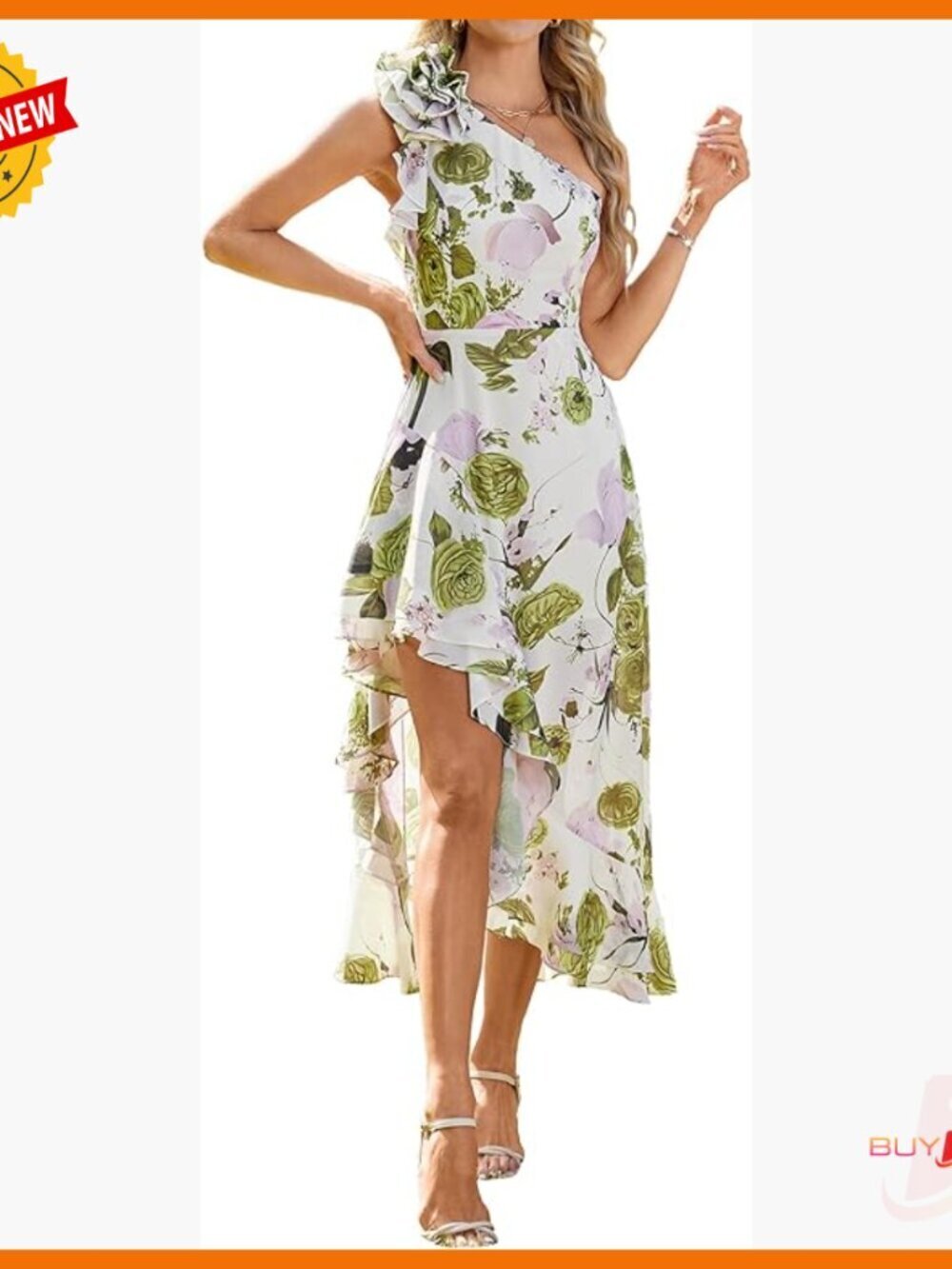 One Shoulder Floral Maxi Dress, A-Line High Low Hem, Wedding Guest Formal